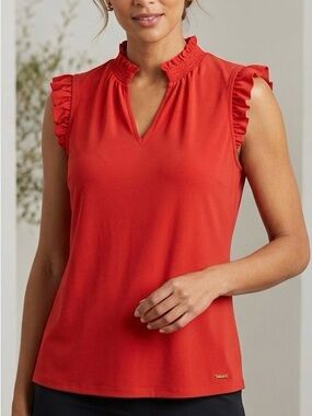 Anne Klein Red Ruffle Mock Neck Sleeveless Top